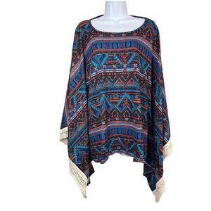 Scully Women's Small V-Neck Western Floral Fringe Poncho Multicolored